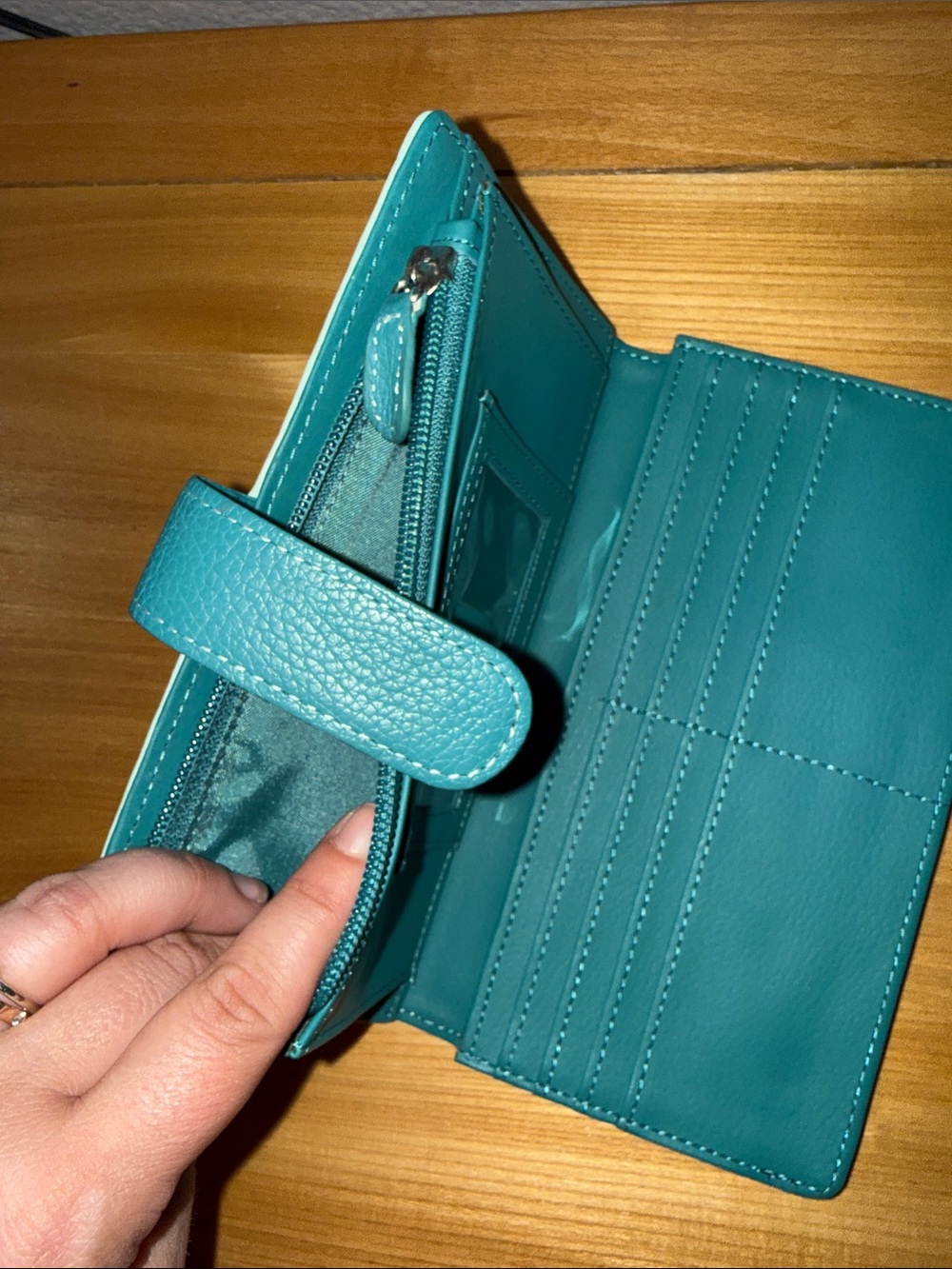 Genuine Leather Mint Green Wallet with Teal Snap Strap - Picture 6 of 7